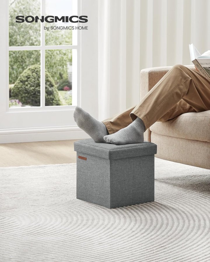 SONGMICS 30 cm b&auml;nk med f&ouml;rvaringsutrymme, hopf&auml;llbar sits, f&ouml;rvaringsl�da, fotpall, ljusgr� LSF028G02