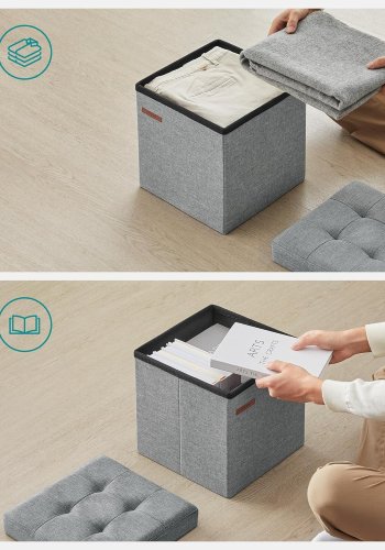 SONGMICS 30 cm b&auml;nk med f&ouml;rvaringsutrymme, hopf&auml;llbar sits, f&ouml;rvaringsl�da, fotpall, ljusgr� LSF028G02