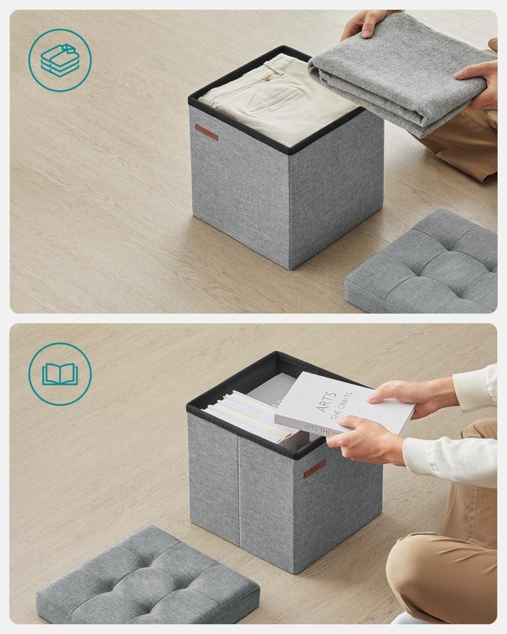 SONGMICS 30 cm b&auml;nk med f&ouml;rvaringsutrymme, hopf&auml;llbar sits, f&ouml;rvaringsl�da, fotpall, ljusgr� LSF028G02