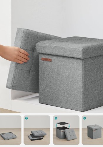 SONGMICS 30 cm b&auml;nk med f&ouml;rvaringsutrymme, hopf&auml;llbar sits, f&ouml;rvaringsl�da, fotpall, ljusgr� LSF028G02