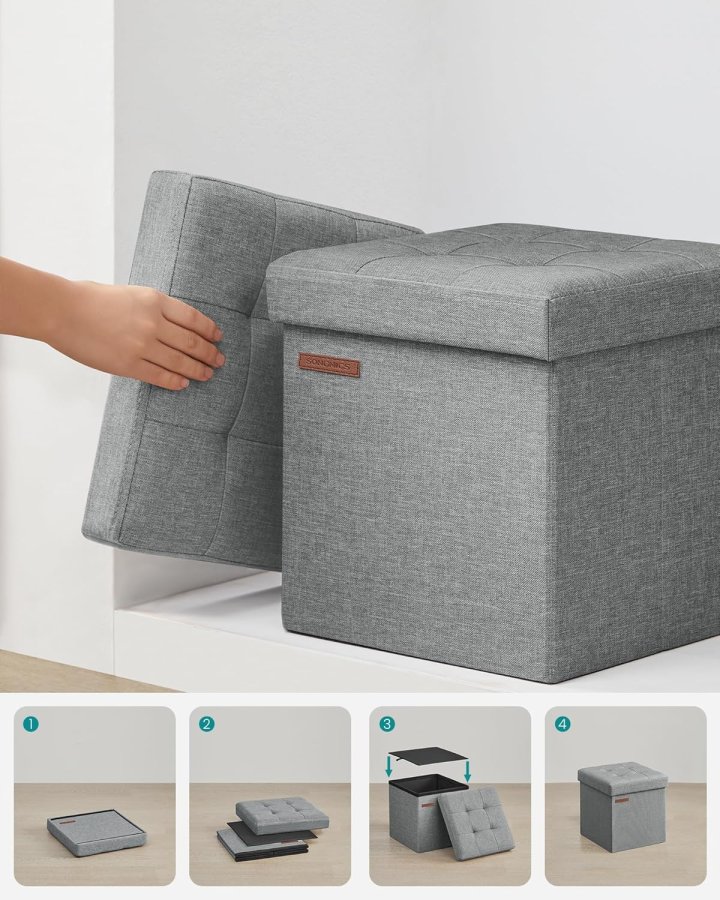 SONGMICS 30 cm b&auml;nk med f&ouml;rvaringsutrymme, hopf&auml;llbar sits, f&ouml;rvaringsl�da, fotpall, ljusgr� LSF028G02