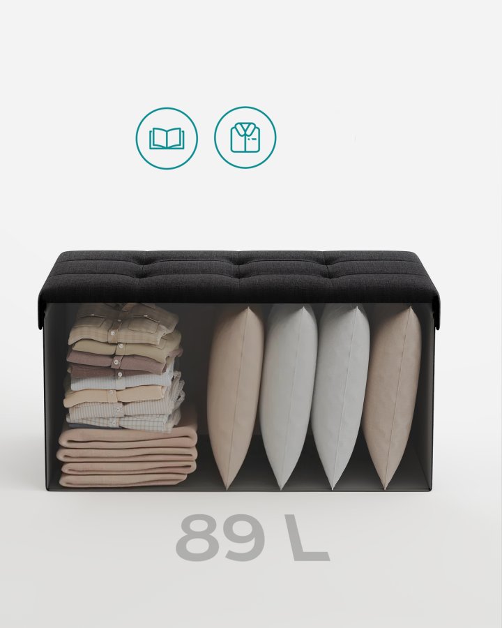 SONGMICS 76 cm hopf&auml;llbar f&ouml;rvaringsb&auml;nk med fotpall, fotpall, f&ouml;rvaringsl�da, belastning 300 kg, f&ouml;r vardagsrum, hall, bl&auml;cksvart ULSF047B01