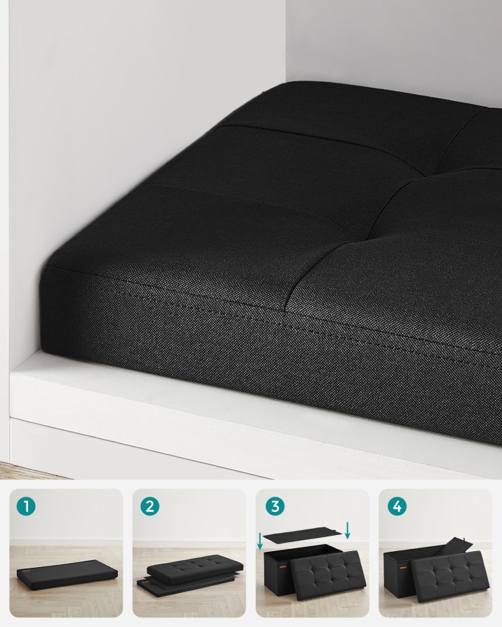 SONGMICS 76 cm hopf&auml;llbar f&ouml;rvaringsb&auml;nk med fotpall, fotpall, f&ouml;rvaringsl�da, belastning 300 kg, f&ouml;r vardagsrum, hall, bl&auml;cksvart ULSF047B01