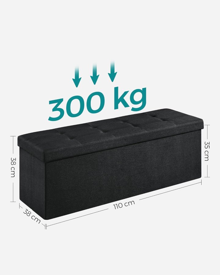 SONGMICS pall med f&ouml;rvaringsutrymme, LSF077B01, hopf&auml;llbar b&auml;nk, 38 x 110 x 38 cm fotpall, f&ouml;rvaringsl�da, maxbelastning 300 kg, f&ouml;r vardagsrum, sovrum, hall, bl&auml;cksvart