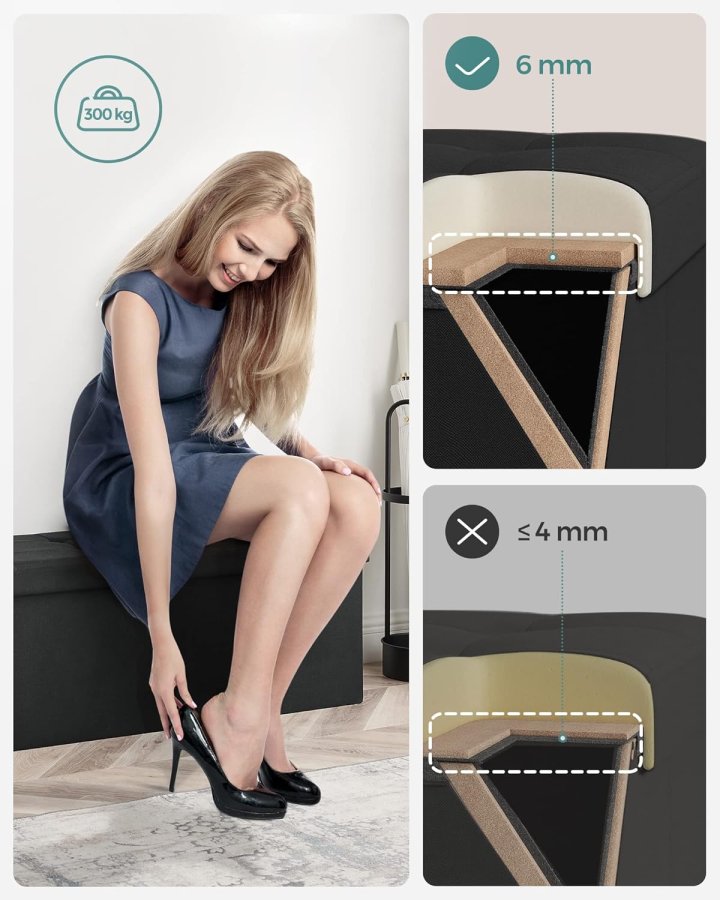 SONGMICS pall med f&ouml;rvaringsutrymme, LSF077B01, hopf&auml;llbar b&auml;nk, 38 x 110 x 38 cm fotpall, f&ouml;rvaringsl�da, maxbelastning 300 kg, f&ouml;r vardagsrum, sovrum, hall, bl&auml;cksvart