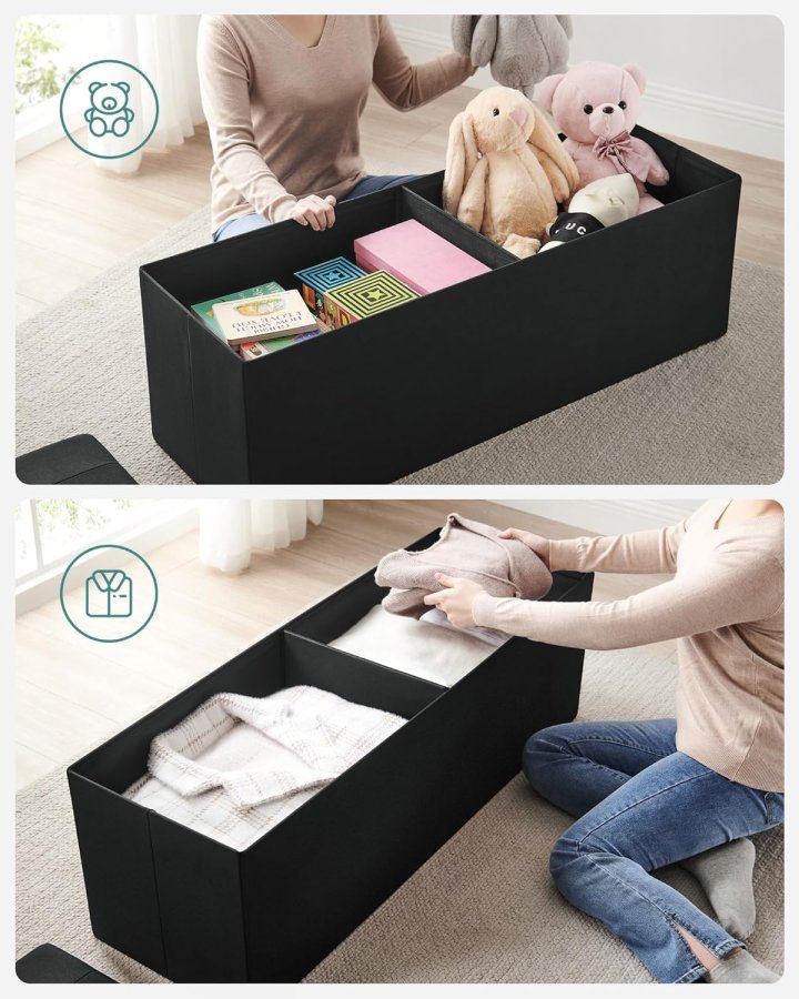 SONGMICS pall med f&ouml;rvaringsutrymme, LSF077B01, hopf&auml;llbar b&auml;nk, 38 x 110 x 38 cm fotpall, f&ouml;rvaringsl�da, maxbelastning 300 kg, f&ouml;r vardagsrum, sovrum, hall, bl&auml;cksvart