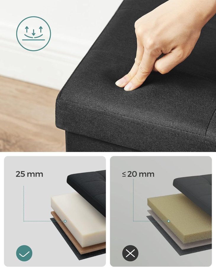 SONGMICS pall med f&ouml;rvaringsutrymme, LSF077B01, hopf&auml;llbar b&auml;nk, 38 x 110 x 38 cm fotpall, f&ouml;rvaringsl�da, maxbelastning 300 kg, f&ouml;r vardagsrum, sovrum, hall, bl&auml;cksvart