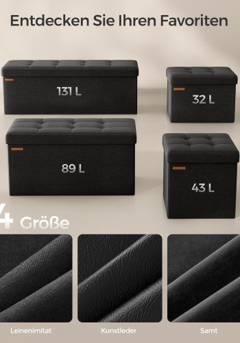 SONGMICS pall med f&ouml;rvaringsutrymme, LSF077B01, hopf&auml;llbar b&auml;nk, 38 x 110 x 38 cm fotpall, f&ouml;rvaringsl�da, maxbelastning 300 kg, f&ouml;r vardagsrum, sovrum, hall, bl&auml;cksvart