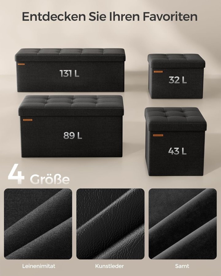 SONGMICS pall med f&ouml;rvaringsutrymme, LSF077B01, hopf&auml;llbar b&auml;nk, 38 x 110 x 38 cm fotpall, f&ouml;rvaringsl�da, maxbelastning 300 kg, f&ouml;r vardagsrum, sovrum, hall, bl&auml;cksvart
