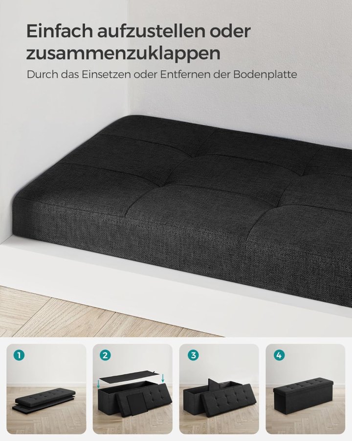 SONGMICS pall med f&ouml;rvaringsutrymme, LSF077B01, hopf&auml;llbar b&auml;nk, 38 x 110 x 38 cm fotpall, f&ouml;rvaringsl�da, maxbelastning 300 kg, f&ouml;r vardagsrum, sovrum, hall, bl&auml;cksvart