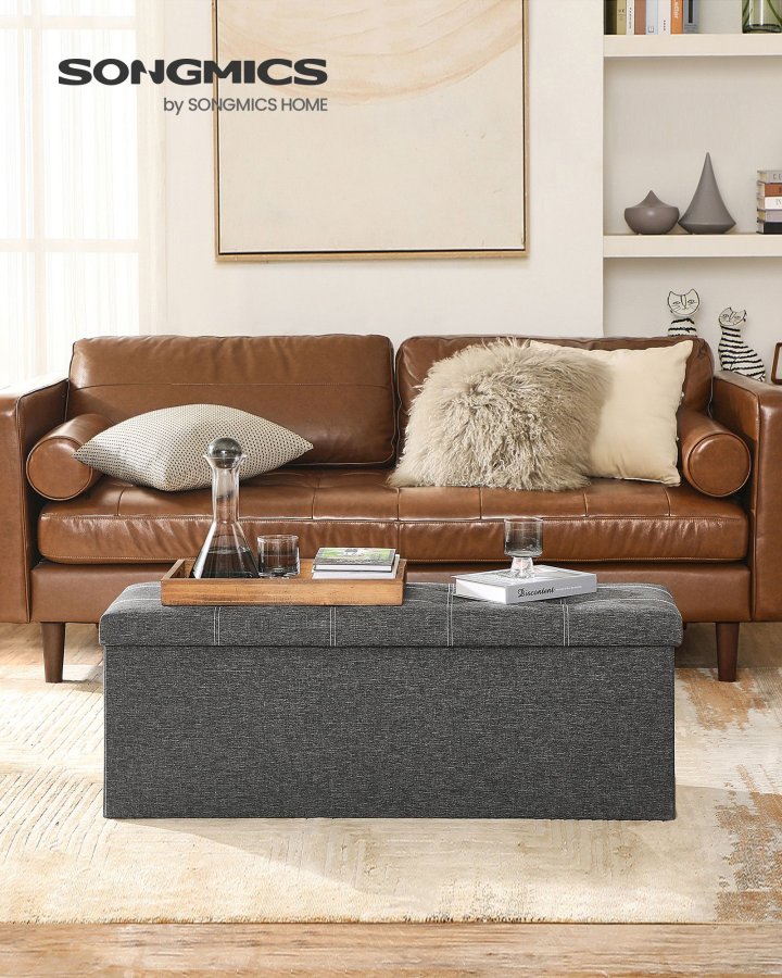 SONGMICS F&ouml;rvaringspuff, Hopf&auml;llbar F&ouml;rvaringsl�da, 110 x 38 x 38 cm, Fotpall i Konstduk, H�ller upp till 300 kg, Sovrum Vardagsrum Hall, M&ouml;rkgr� LSF077G04