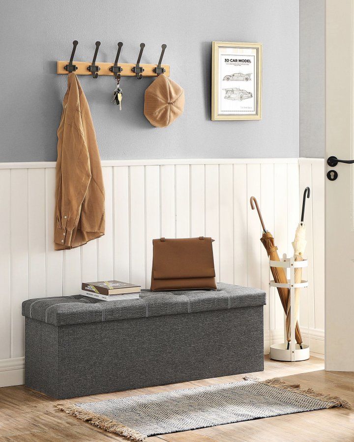 SONGMICS F&ouml;rvaringspuff, Hopf&auml;llbar F&ouml;rvaringsl�da, 110 x 38 x 38 cm, Fotpall i Konstduk, H�ller upp till 300 kg, Sovrum Vardagsrum Hall, M&ouml;rkgr� LSF077G04