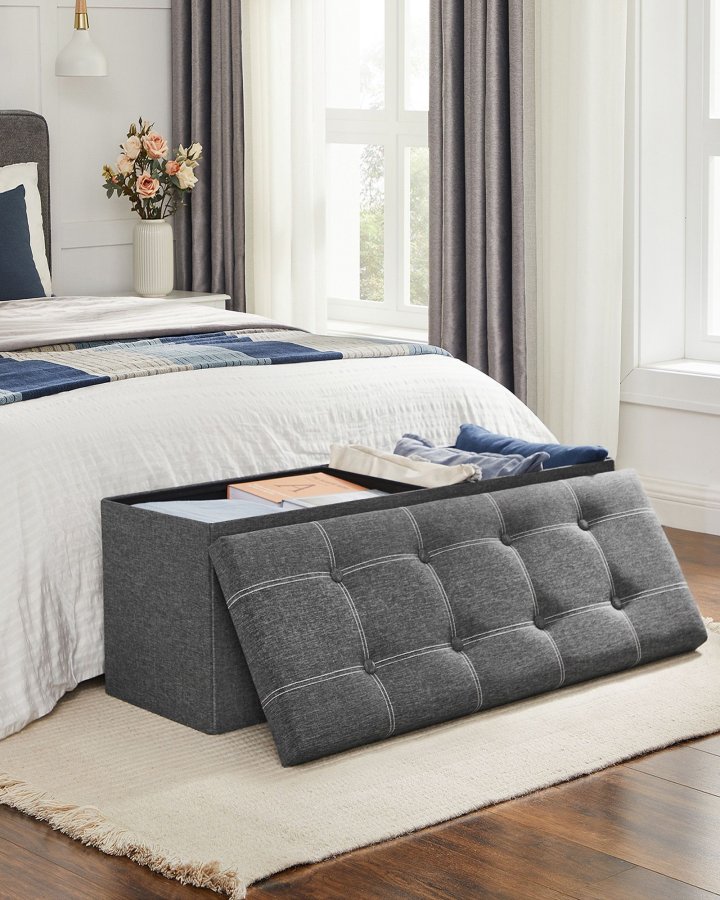 SONGMICS F&ouml;rvaringspuff, Hopf&auml;llbar F&ouml;rvaringsl�da, 110 x 38 x 38 cm, Fotpall i Konstduk, H�ller upp till 300 kg, Sovrum Vardagsrum Hall, M&ouml;rkgr� LSF077G04
