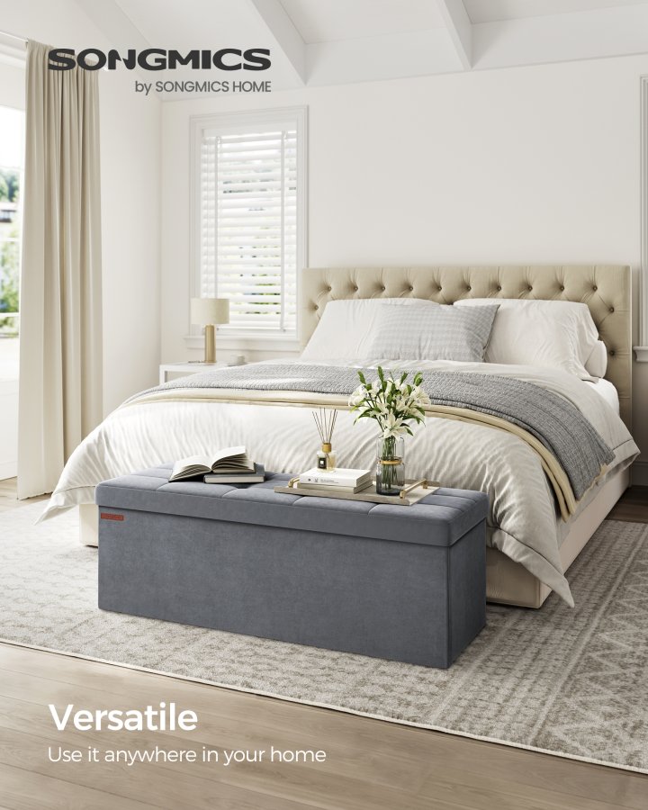 SONGMICS F&ouml;rvaringspuff, Hopf&auml;llbar sammetsb&auml;nk med f&ouml;rvaring, Fotpall, 35 x 113 x 35 cm, Skiffergr� ULSF277G01