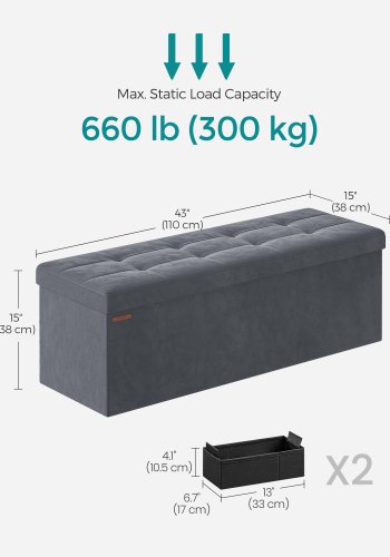 SONGMICS F&ouml;rvaringspuff, Hopf&auml;llbar sammetsb&auml;nk med f&ouml;rvaring, Fotpall, 35 x 113 x 35 cm, Skiffergr� ULSF277G01