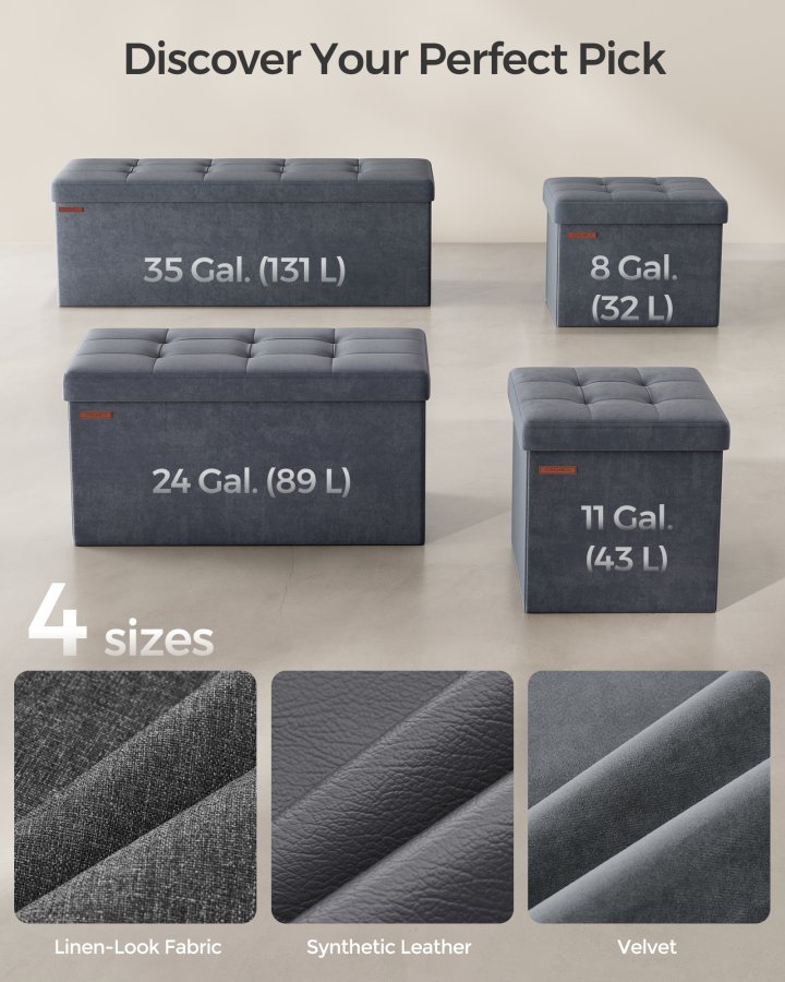 SONGMICS F&ouml;rvaringspuff, Hopf&auml;llbar sammetsb&auml;nk med f&ouml;rvaring, Fotpall, 35 x 113 x 35 cm, Skiffergr� ULSF277G01