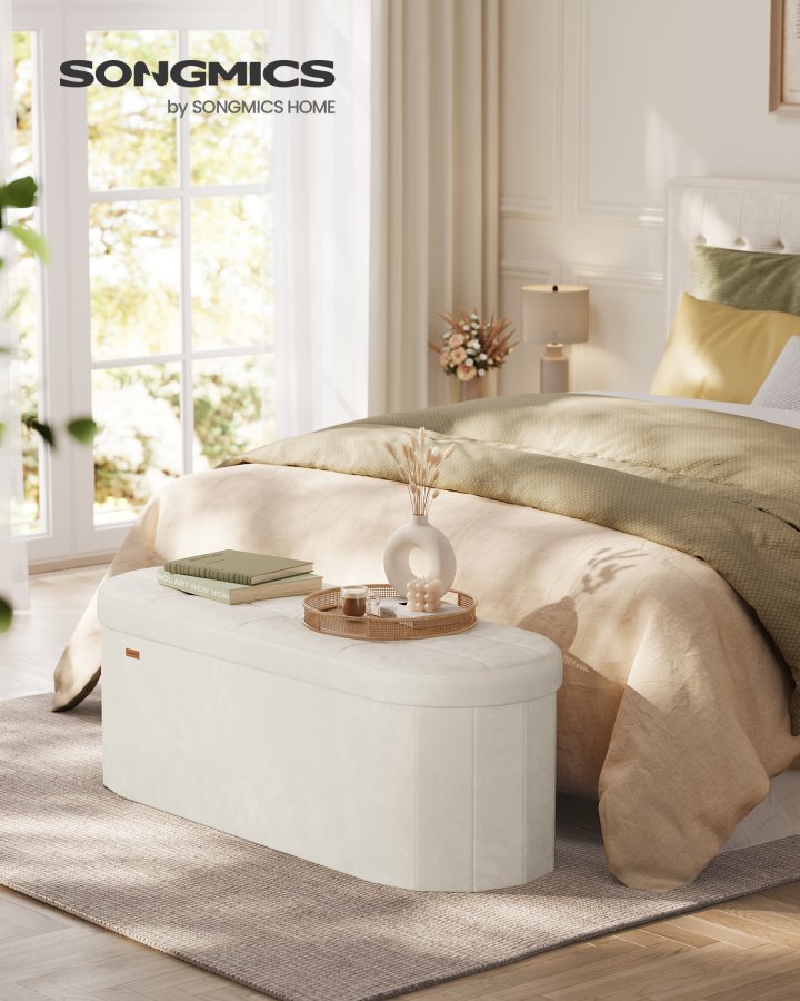 SONGMICS LSF297LH01 F&ouml;rvaringspuff, F&ouml;rvaringsl�da, Hopf&auml;llbart fotst&ouml;d, Enkel montering, F&ouml;r vardagsrum, hall och sovrum, Sammet, Kapacitet 110 l, 38 x 110 x 38 cm, Kr&auml;mvit
