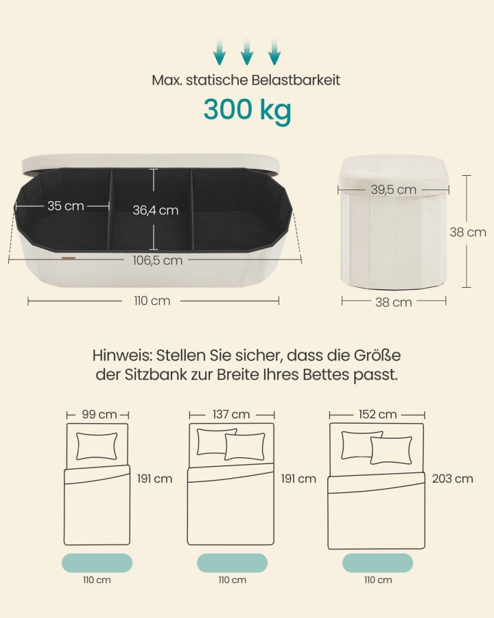 SONGMICS LSF297LH01 F&ouml;rvaringspuff, F&ouml;rvaringsl�da, Hopf&auml;llbart fotst&ouml;d, Enkel montering, F&ouml;r vardagsrum, hall och sovrum, Sammet, Kapacitet 110 l, 38 x 110 x 38 cm, Kr&auml;mvit