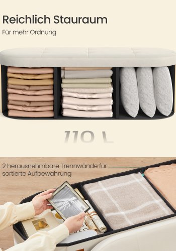 SONGMICS LSF297LH01 F&ouml;rvaringspuff, F&ouml;rvaringsl�da, Hopf&auml;llbart fotst&ouml;d, Enkel montering, F&ouml;r vardagsrum, hall och sovrum, Sammet, Kapacitet 110 l, 38 x 110 x 38 cm, Kr&auml;mvit