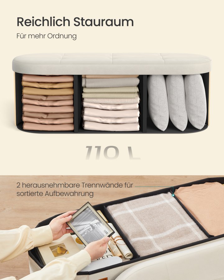 SONGMICS LSF297LH01 F&ouml;rvaringspuff, F&ouml;rvaringsl�da, Hopf&auml;llbart fotst&ouml;d, Enkel montering, F&ouml;r vardagsrum, hall och sovrum, Sammet, Kapacitet 110 l, 38 x 110 x 38 cm, Kr&auml;mvit