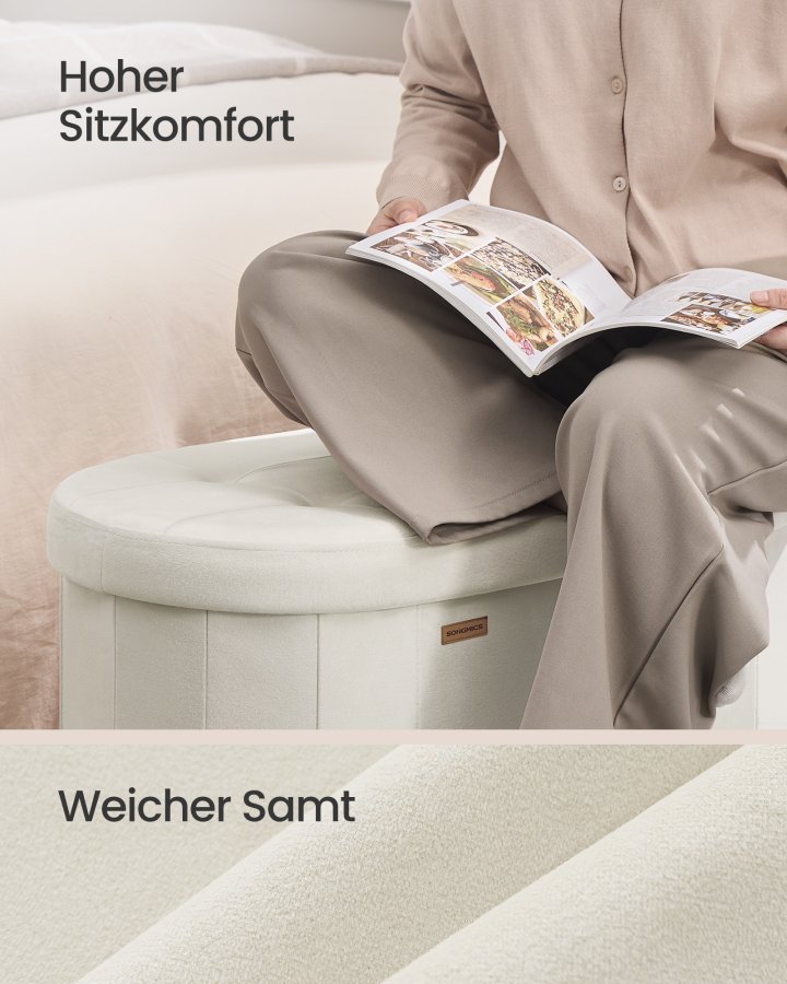 SONGMICS LSF297LH01 F&ouml;rvaringspuff, F&ouml;rvaringsl�da, Hopf&auml;llbart fotst&ouml;d, Enkel montering, F&ouml;r vardagsrum, hall och sovrum, Sammet, Kapacitet 110 l, 38 x 110 x 38 cm, Kr&auml;mvit