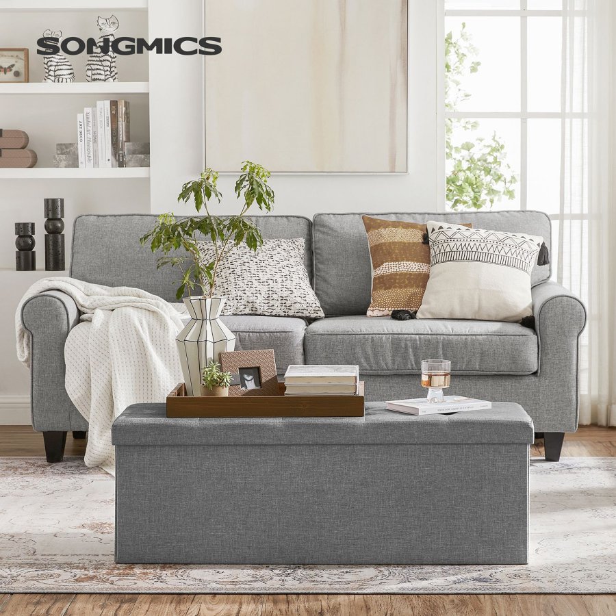 SONGMICS 43 tums hopf&auml;llbar f&ouml;rvaringsb&auml;nk, f&ouml;rvaringsl�da, fotpall, sovrumsb&auml;nk med f&ouml;rvaring, ljusgr� ULSF77G
