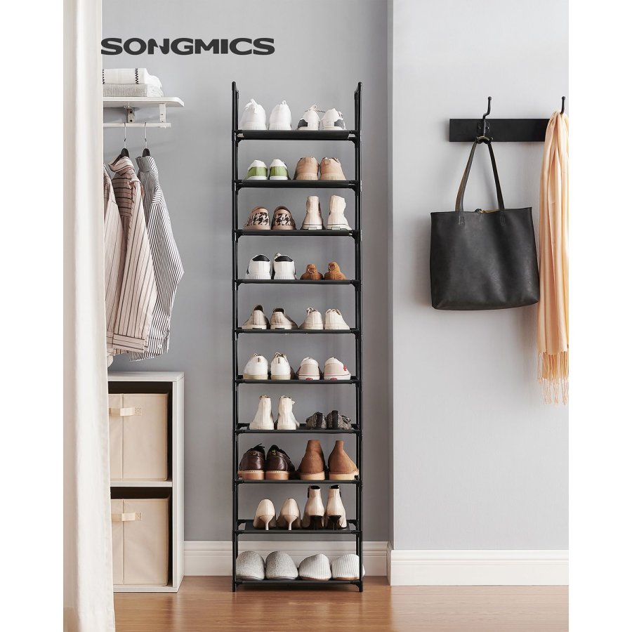 SONGMICS 10-etagers skohylde, skostativ, pladsbesparende skoopbevaring, 45 x 28 x 173 cm, metalramme, hylder af ikke-v�vet stof, til entr&eacute;, sovev�relse, sort LSH010B02