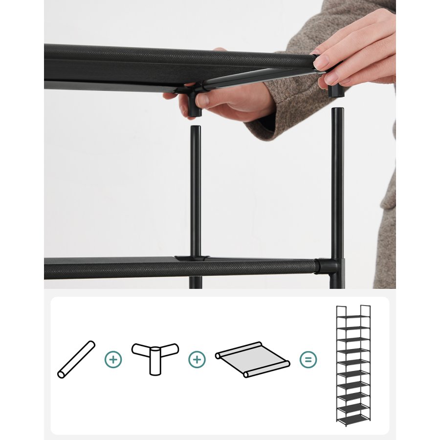 SONGMICS 10-etagers skohylde, skostativ, pladsbesparende skoopbevaring, 45 x 28 x 173 cm, metalramme, hylder af ikke-v�vet stof, til entr&eacute;, sovev�relse, sort LSH010B02