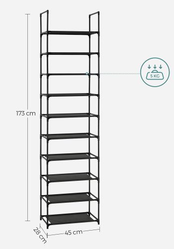 SONGMICS 10-etagers skohylde, skostativ, pladsbesparende skoopbevaring, 45 x 28 x 173 cm, metalramme, hylder af ikke-v�vet stof, til entr&eacute;, sovev�relse, sort LSH010B02