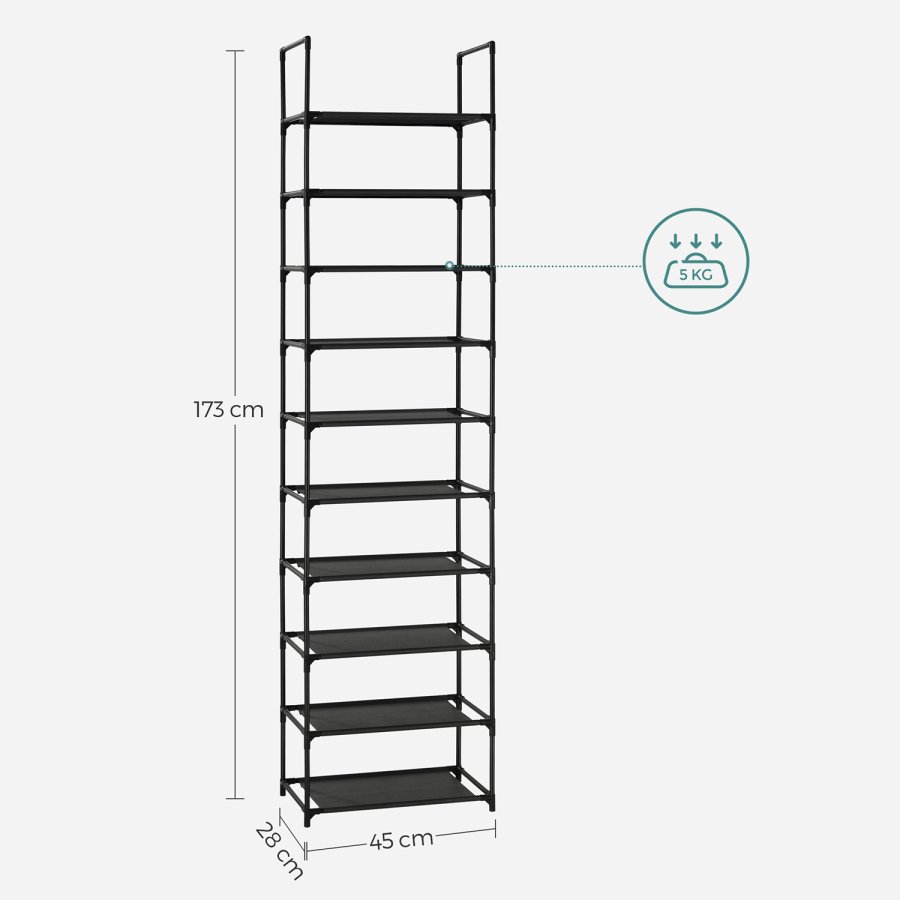 SONGMICS 10-etagers skohylde, skostativ, pladsbesparende skoopbevaring, 45 x 28 x 173 cm, metalramme, hylder af ikke-v�vet stof, til entr&eacute;, sovev�relse, sort LSH010B02