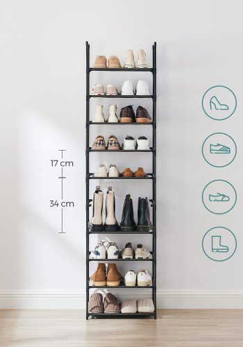 SONGMICS 10-etagers skohylde, skostativ, pladsbesparende skoopbevaring, 45 x 28 x 173 cm, metalramme, hylder af ikke-v�vet stof, til entr&eacute;, sovev�relse, sort LSH010B02