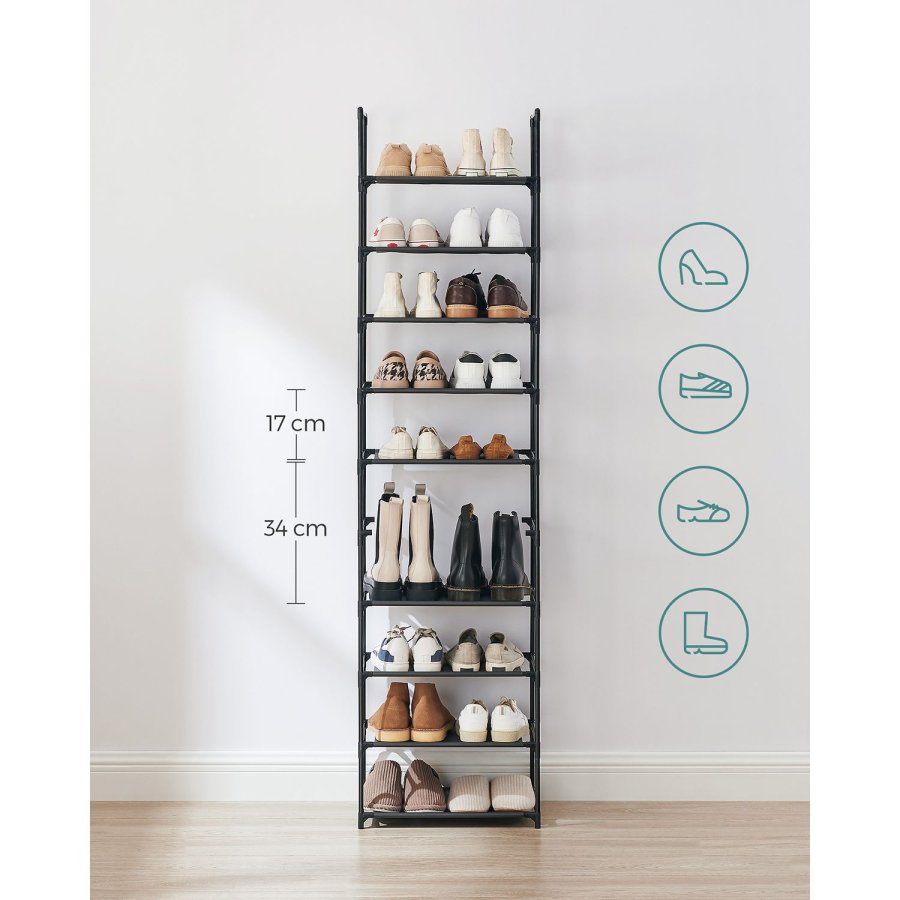 SONGMICS 10-etagers skohylde, skostativ, pladsbesparende skoopbevaring, 45 x 28 x 173 cm, metalramme, hylder af ikke-v�vet stof, til entr&eacute;, sovev�relse, sort LSH010B02