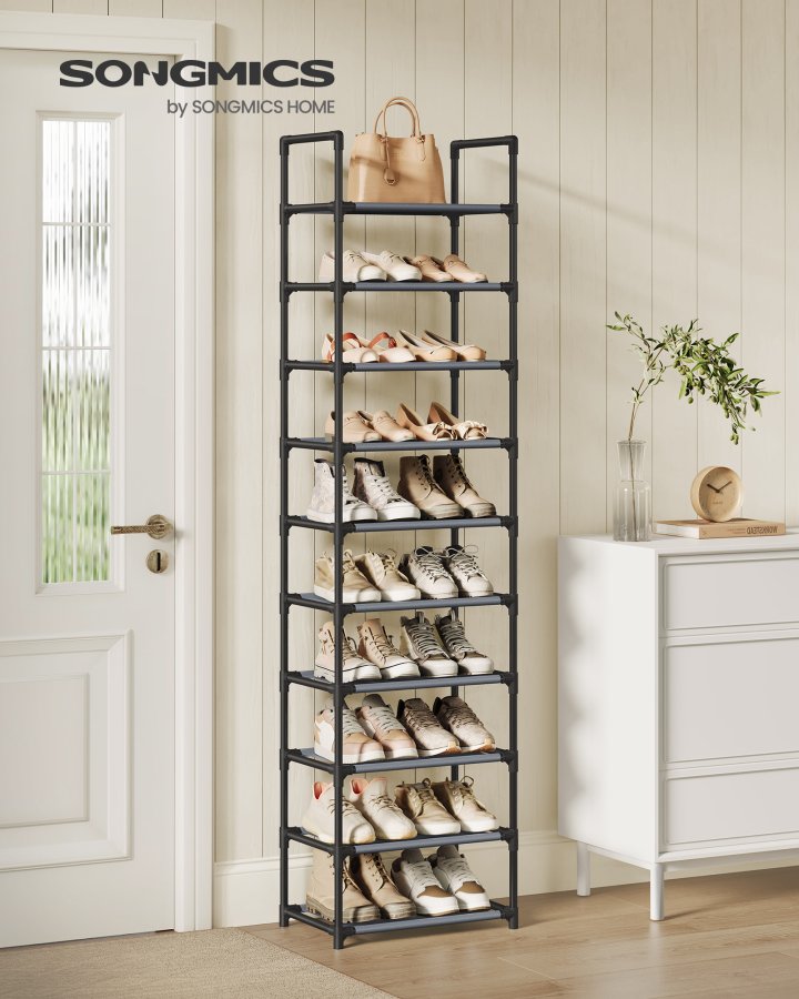 SONGMICS 10-etagers skohylde, skostativ, pladsbesparende skoopbevaring, 45 x 28 x 173 cm, metalramme, hylder af ikke-v�vet stof, til entr&eacute;, sovev�relse, gr� LSH010G01