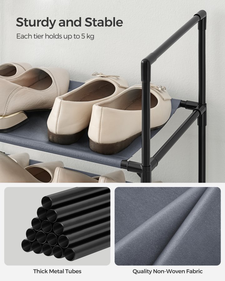 SONGMICS 10-etagers skohylde, skostativ, pladsbesparende skoopbevaring, 45 x 28 x 173 cm, metalramme, hylder af ikke-v�vet stof, til entr&eacute;, sovev�relse, gr� LSH010G01