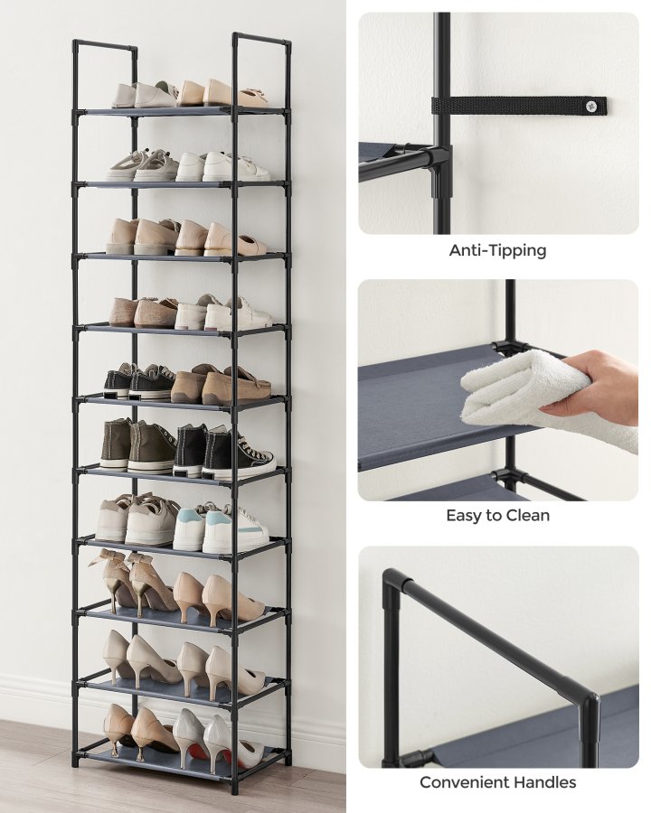 SONGMICS 10-etagers skohylde, skostativ, pladsbesparende skoopbevaring, 45 x 28 x 173 cm, metalramme, hylder af ikke-v�vet stof, til entr&eacute;, sovev�relse, gr� LSH010G01