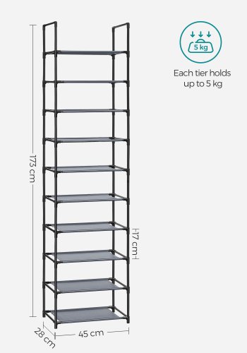 SONGMICS 10-etagers skohylde, skostativ, pladsbesparende skoopbevaring, 45 x 28 x 173 cm, metalramme, hylder af ikke-v�vet stof, til entr&eacute;, sovev�relse, gr� LSH010G01
