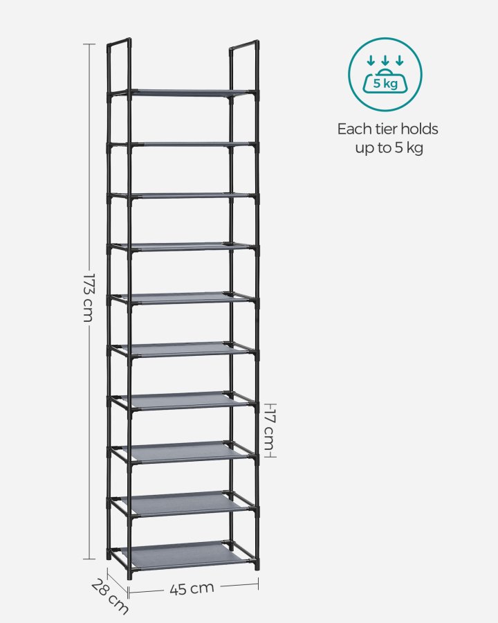 SONGMICS 10-etagers skohylde, skostativ, pladsbesparende skoopbevaring, 45 x 28 x 173 cm, metalramme, hylder af ikke-v�vet stof, til entr&eacute;, sovev�relse, gr� LSH010G01