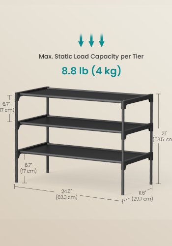 SONGMICS Skoreol, 3-lags skoopbevaring, pladsbesparende, entr&eacute;, metalramme, hylder af ikke-v�vet stof, bl�ksort ULSH023BH01