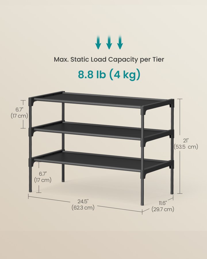 SONGMICS Skoreol, 3-lags skoopbevaring, pladsbesparende, entr&eacute;, metalramme, hylder af ikke-v�vet stof, bl�ksort ULSH023BH01