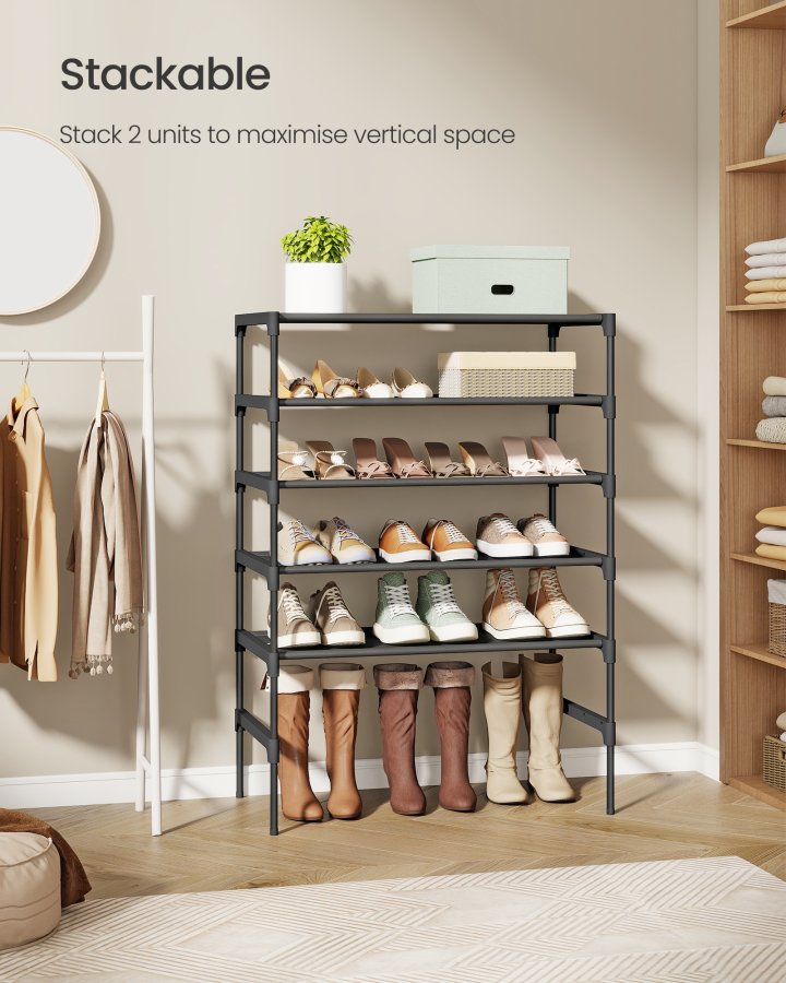 SONGMICS Skoreol, 3-lags skoopbevaring, pladsbesparende, entr&eacute;, metalramme, hylder af ikke-v�vet stof, bl�ksort ULSH023BH01