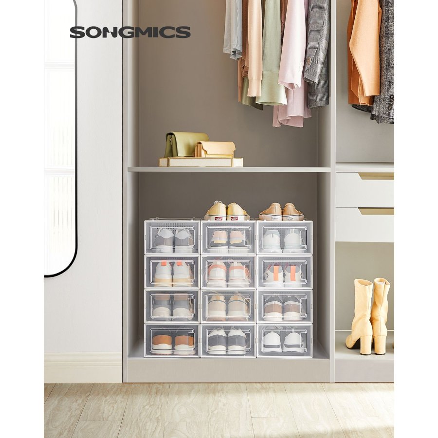 SONGMICS sko�sker, pakke med 12 stabelbare skoopbevaringsarrang�rer, foldbare og alsidige til sneakers, passer op til UK-st�rrelse 10,5, transparent og hvid LSP12SWT