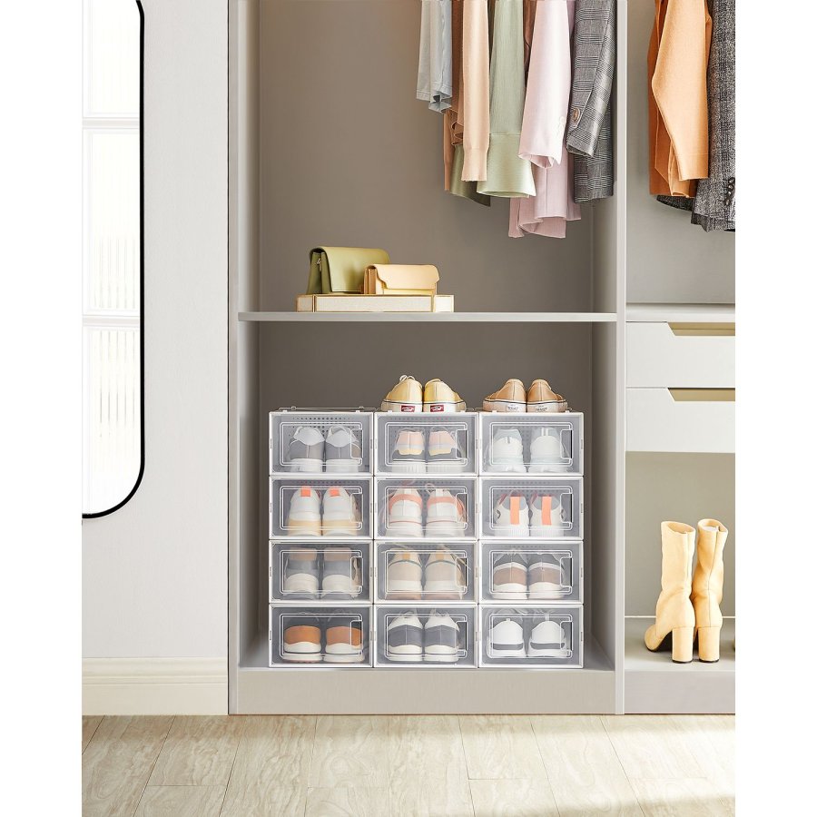 SONGMICS sko�sker, pakke med 12 stabelbare skoopbevaringsarrang�rer, foldbare og alsidige til sneakers, passer op til UK-st�rrelse 10,5, transparent og hvid LSP12SWT