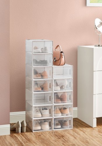 SONGMICS sko�sker, pakke med 12 stabelbare skoopbevaringsarrang�rer, foldbare og alsidige til sneakers, passer op til UK-st�rrelse 10,5, transparent og hvid LSP12SWT