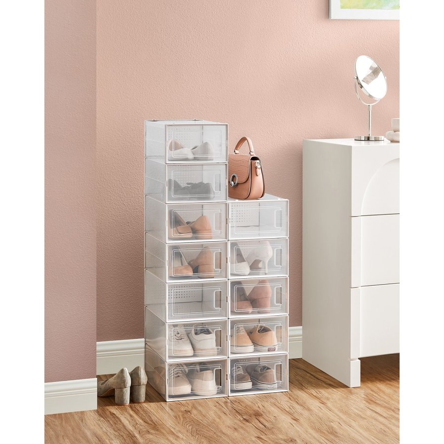 SONGMICS sko�sker, pakke med 12 stabelbare skoopbevaringsarrang�rer, foldbare og alsidige til sneakers, passer op til UK-st�rrelse 10,5, transparent og hvid LSP12SWT
