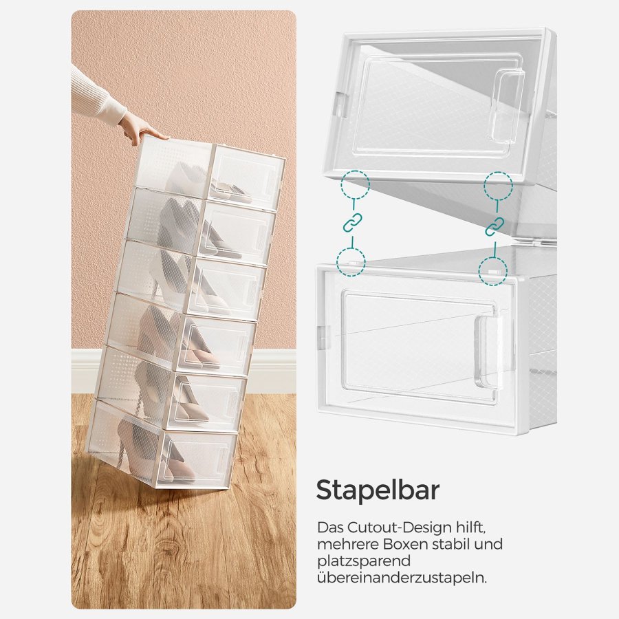 SONGMICS sko�sker, pakke med 12 stabelbare skoopbevaringsarrang�rer, foldbare og alsidige til sneakers, passer op til UK-st�rrelse 10,5, transparent og hvid LSP12SWT