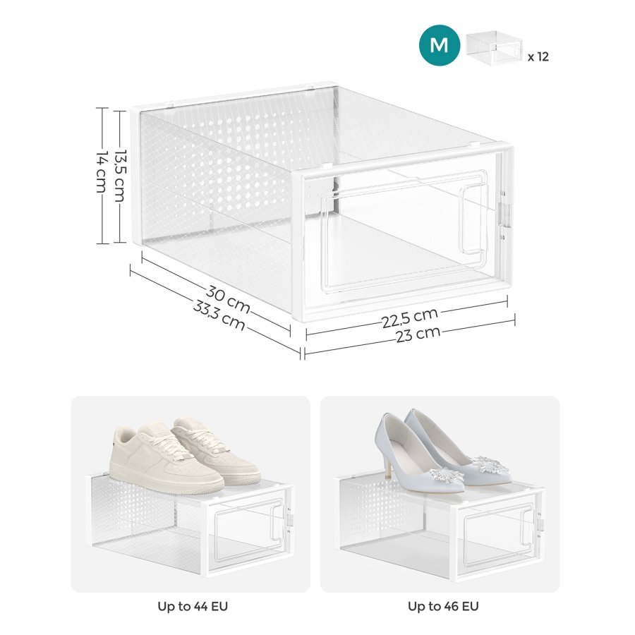 SONGMICS sko�sker, pakke med 12 stabelbare skoopbevaringsarrang�rer, foldbare og alsidige til sneakers, passer op til UK-st�rrelse 10,5, transparent og hvid LSP12SWT