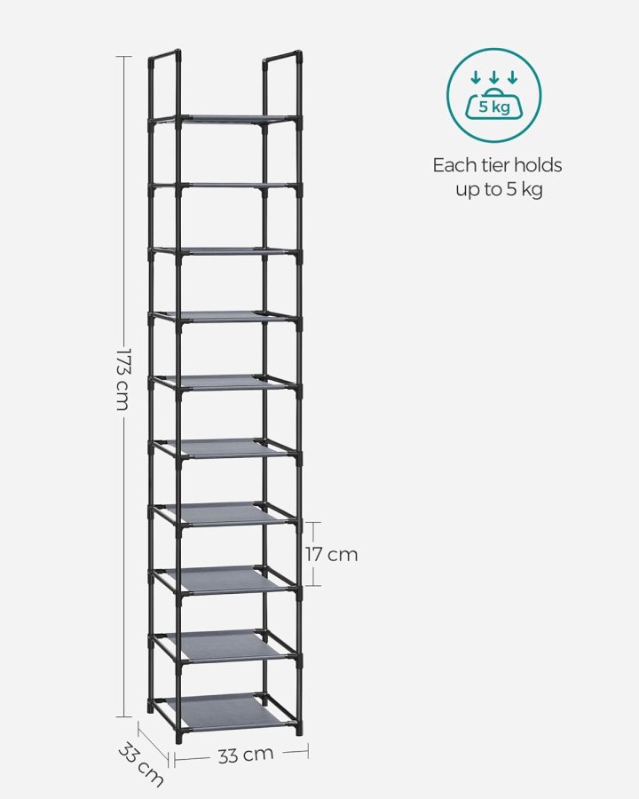 SONGMICS 10-etagers skohylde, skostativ, pladsbesparende skoopbevaring, 33 x 33 x 173 cm, metalramme, hylder af ikke-v�vet stof, til entr&eacute;, sovev�relse, gr� LSR110G01