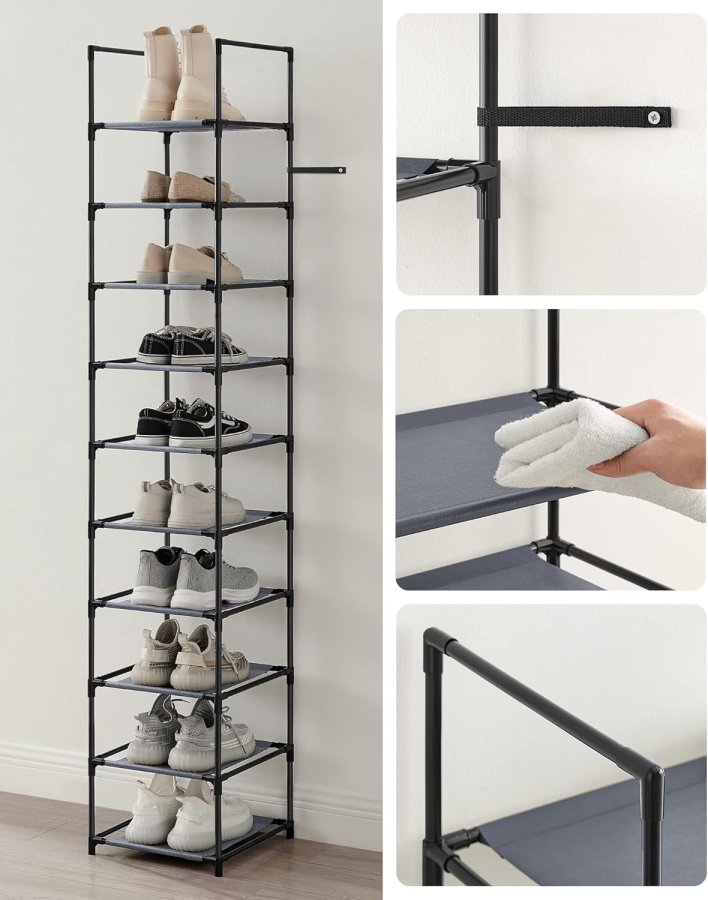 SONGMICS 10-etagers skohylde, skostativ, pladsbesparende skoopbevaring, 33 x 33 x 173 cm, metalramme, hylder af ikke-v�vet stof, til entr&eacute;, sovev�relse, gr� LSR110G01