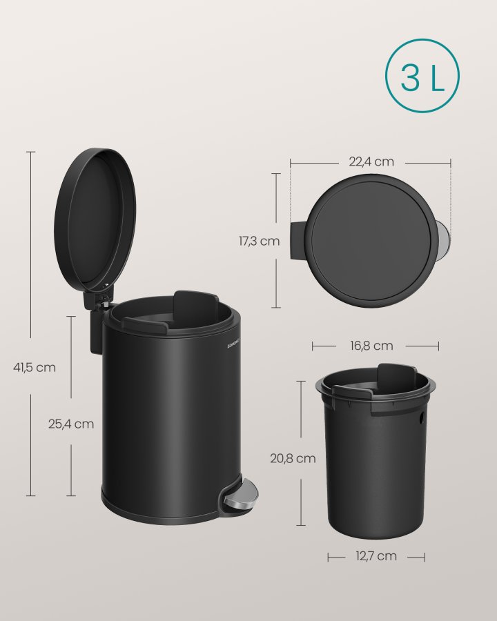 SONGMICS Pedalk&auml;rl f&ouml;r badrummet, 3 l st�lk&auml;rl med mjukst&auml;ngande lock, innerk&auml;rl, f&ouml;r avfall, sovrum, bl&auml;cksvart LTB013BZ01