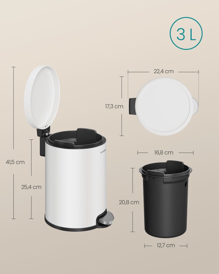 SONGMICS Pedalk&auml;rl f&ouml;r badrum, 3 l st�lk&auml;rl med mjukst&auml;ngande lock, innerk&auml;rl, f&ouml;r avfall, sovrum, Cloud White LTB013WZ01